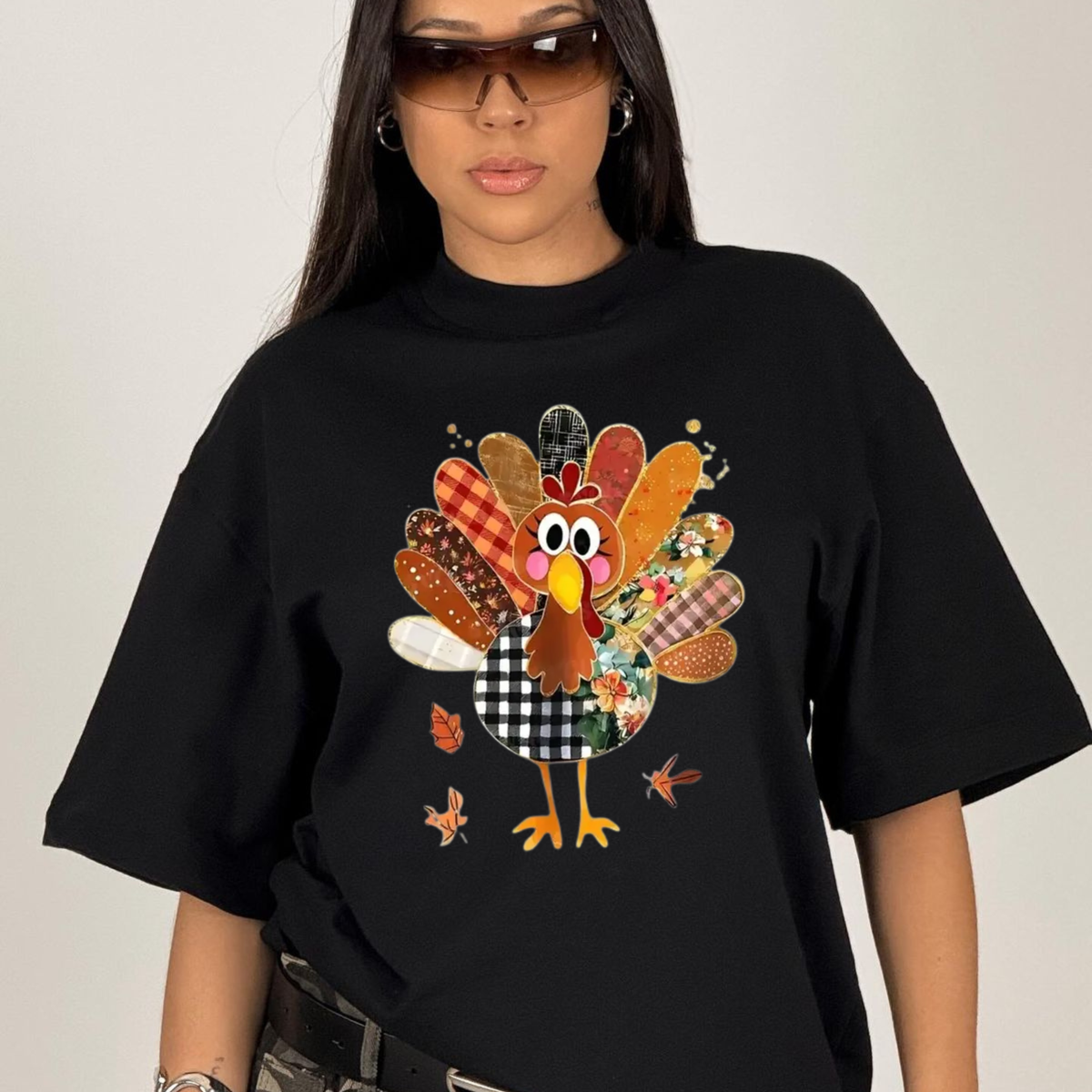Thanksgiving Patchwork Turkey Graphic T-Shirt