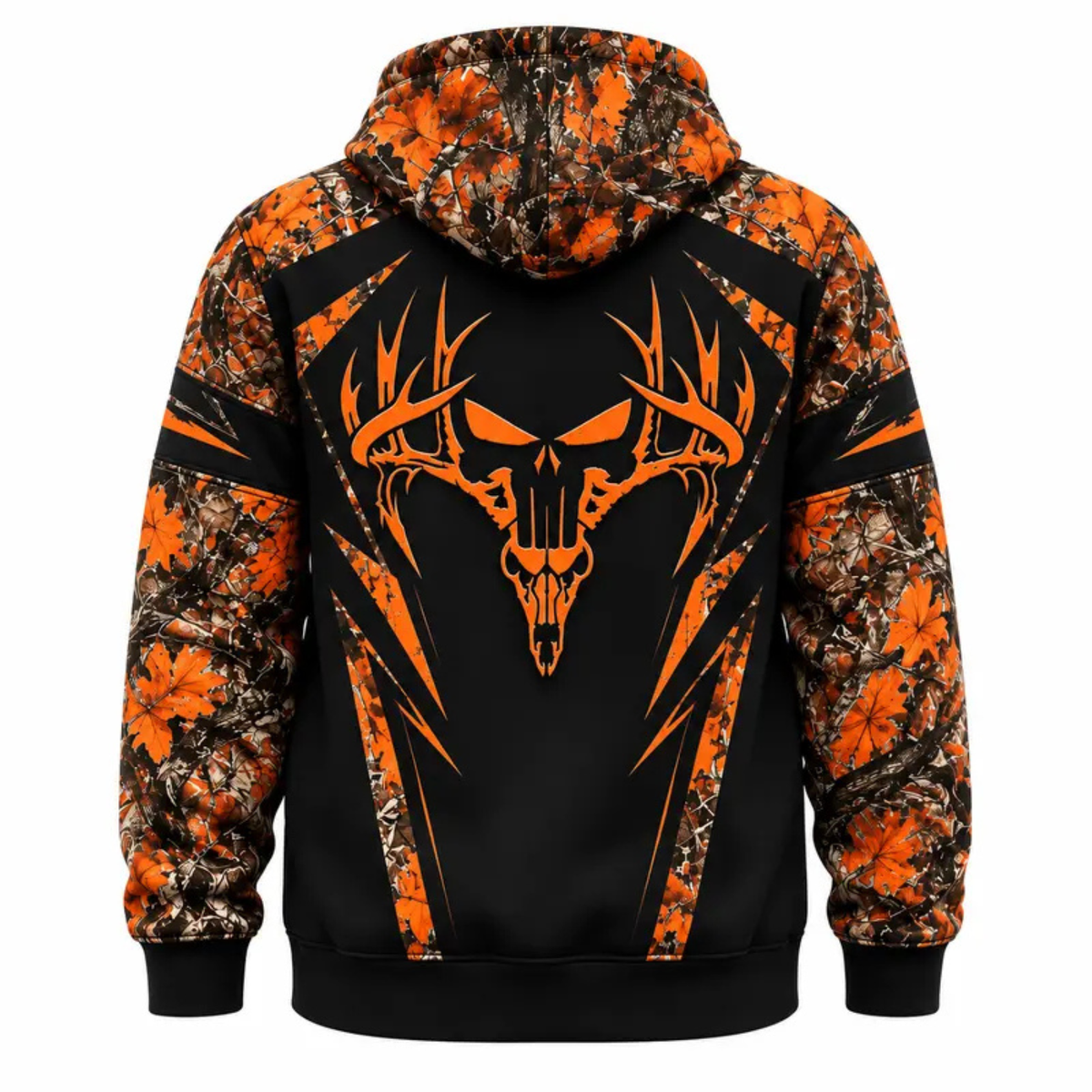 Camo Deer Skull Orange Black Color-Block Outdoor Hunting Pullover