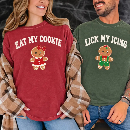 Festive Friction Tee – Funny "Eat My Cookie & Lick My Icing" Matching Holiday Graphic Shirt