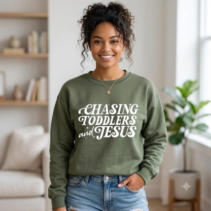 Chasing Jesus And Toddlers Sweatshirt | Christian Mom Faith Graphic Crewneck