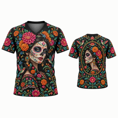 Women's Día de los Muertos La Catrina V-Neck Heritage Graphic Shirt