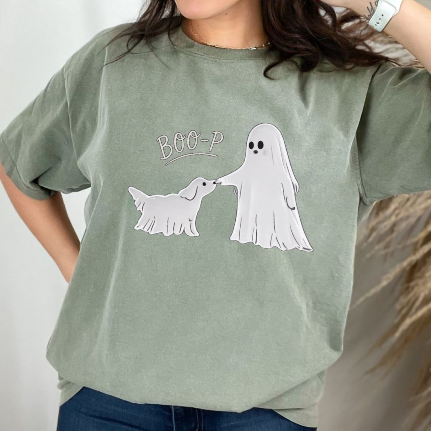 Boo-p Ghost Dog Graphic Tee - Funny Soft Vintage Cotton Unisex Halloween Dog Mom & Cute Pet Lover Gift T-Shirt