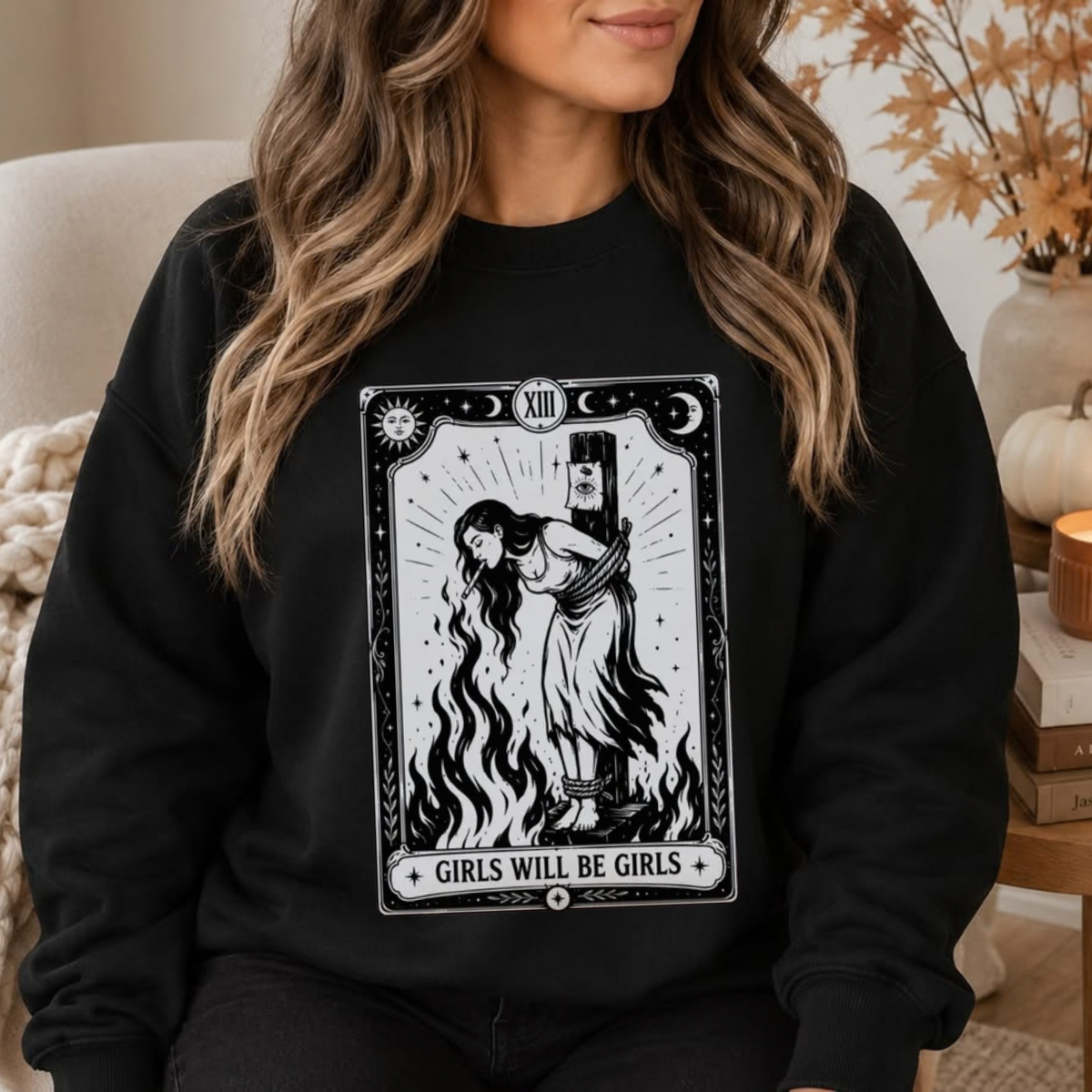 Wild Coven Crewneck – Witch With Cigarette Feminist Halloween Graphic Sweatshirt
