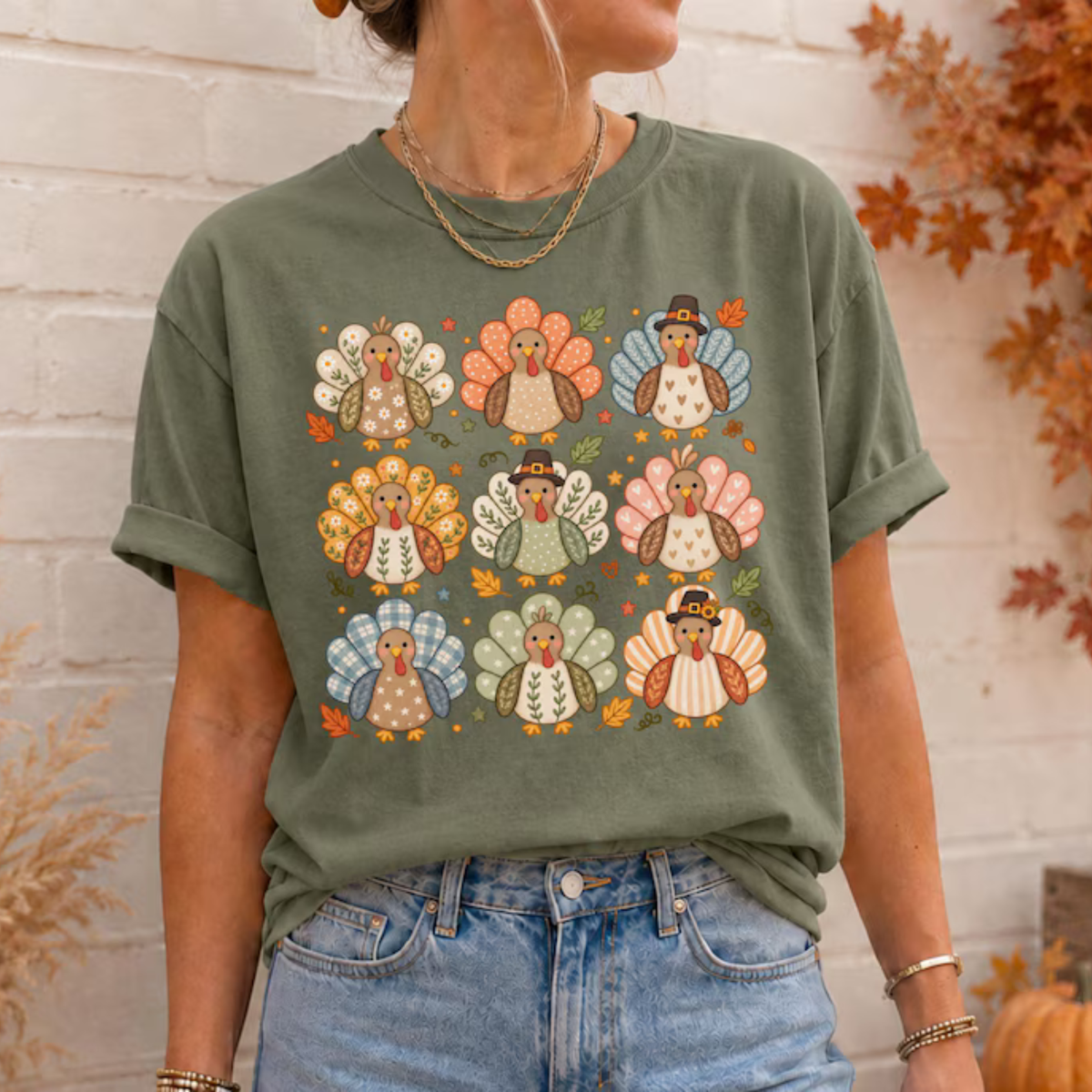 Boho Floral Wild Turkey Whimsical Thanksgiving Graphic T-Shirt