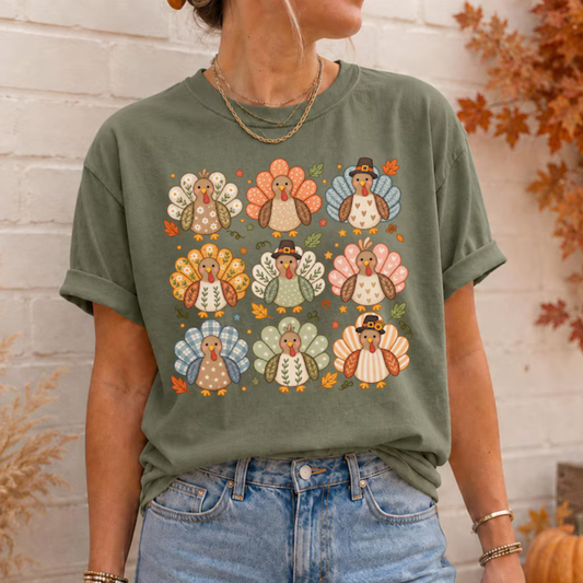 Boho Floral Wild Turkey Whimsical Thanksgiving Graphic T-Shirt