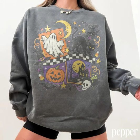 Comfort Colors® Vintage Halloween Black Cat Skull Sweatshirt