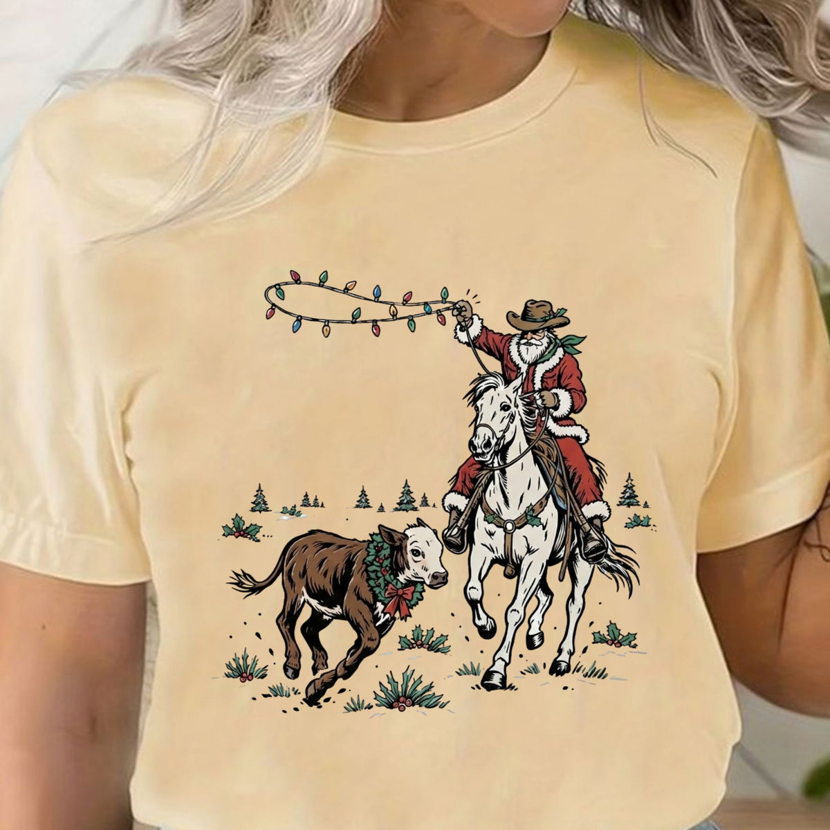 Western Cowboy Santa Horseback Riding Christmas Comfort Colors Tee