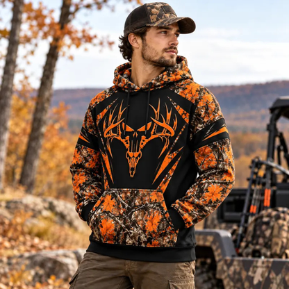 Camo Deer Skull Orange Black Color-Block Outdoor Hunting Pullover