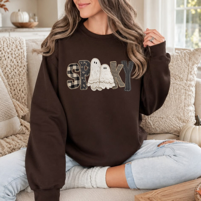 Coquette Lace Ghost Soft Spooky Bow & Patchwork Graphic Crewneck Sweatshirt