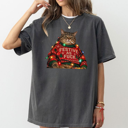 Retro Smoking Cat Funny Christmas Graphic Shirt