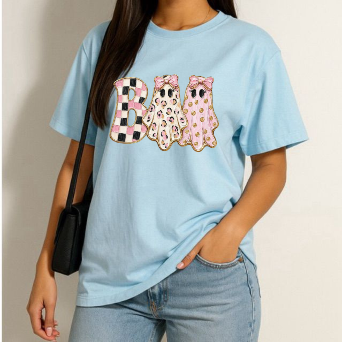 Girly Ghost Boo Cute Pink Bow Halloween Graphic T-Shirt