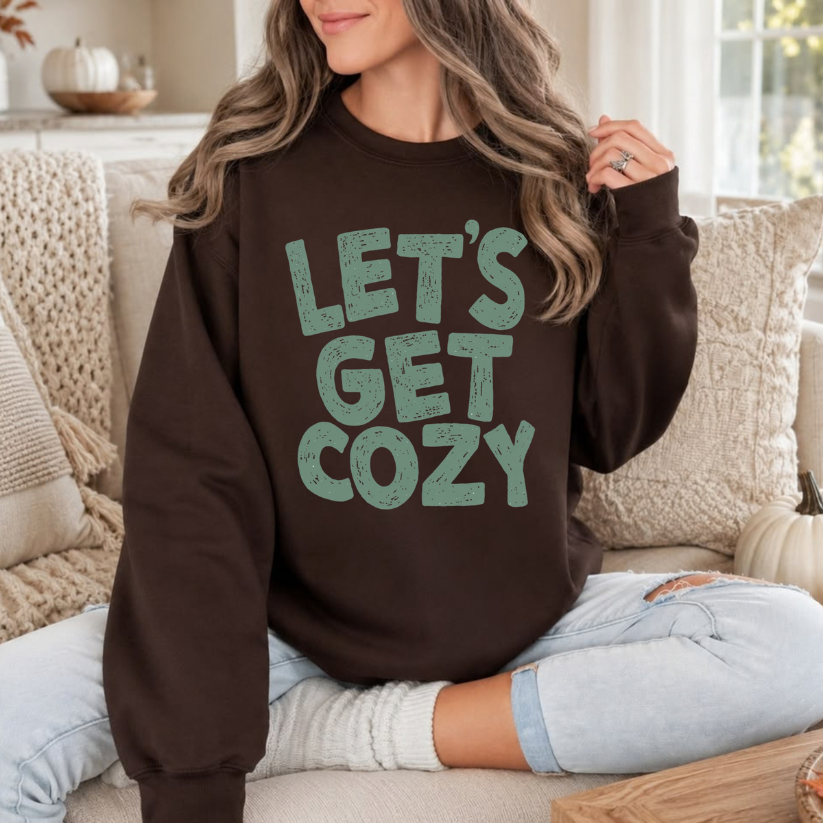 Green "Let's Get Cozy" Forest Green Seasonal Graphic Crewneck