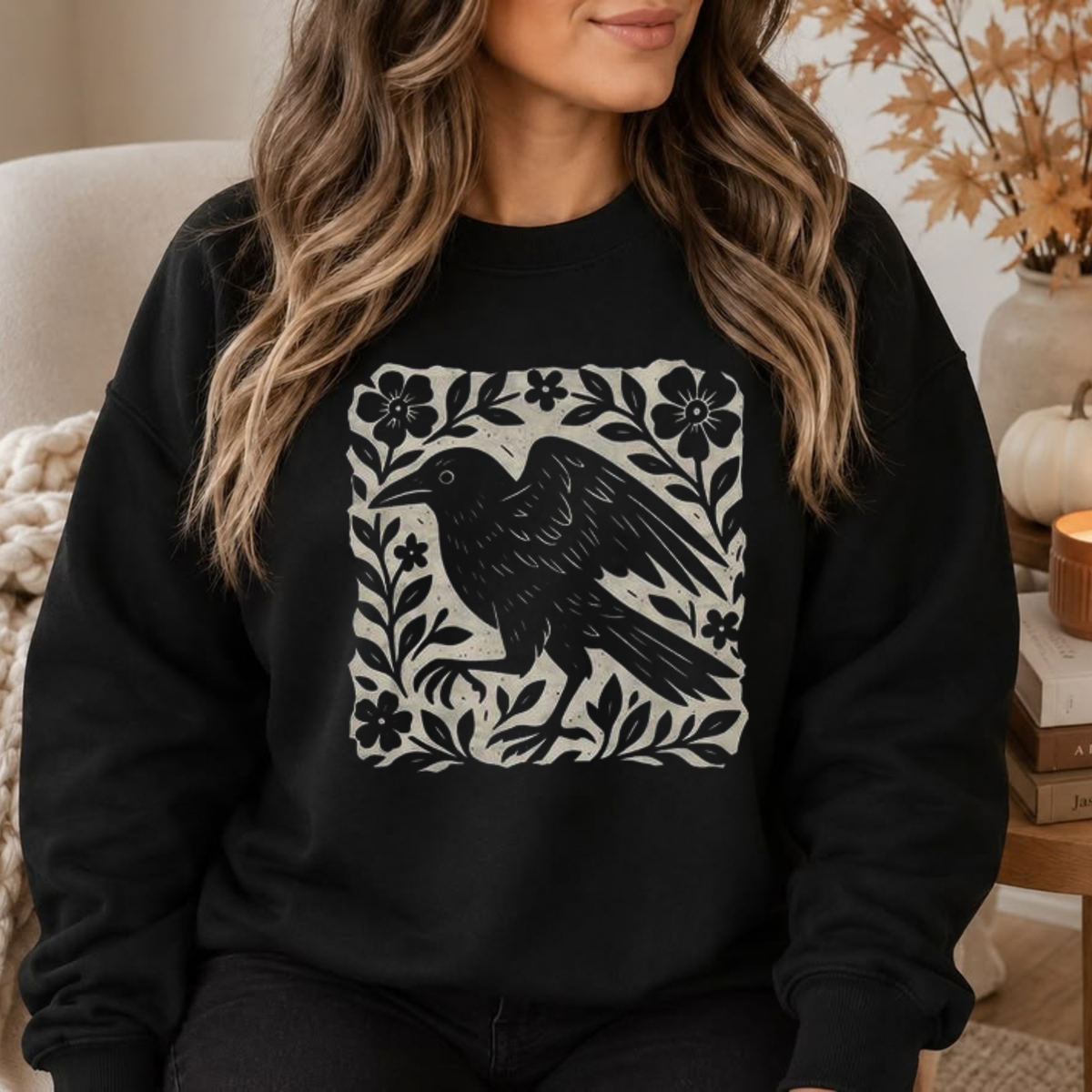 Gothic Raven Linocut Style Dark Academia Graphic Crewneck