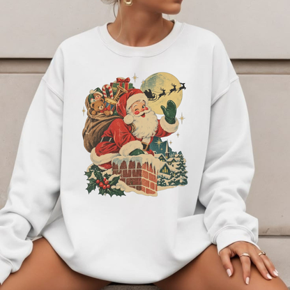 Vintage Santa Chimney & Retro Reindeer Christmas Crewneck