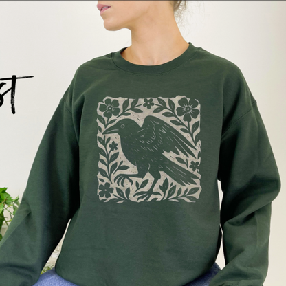 Gothic Raven Linocut Style Dark Academia Graphic Crewneck