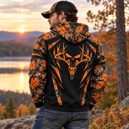 Camo Deer Skull Orange Black Color-Block Outdoor Hunting Pullover
