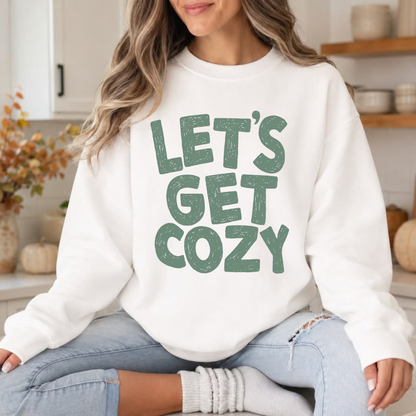 Green "Let's Get Cozy" Forest Green Seasonal Graphic Crewneck