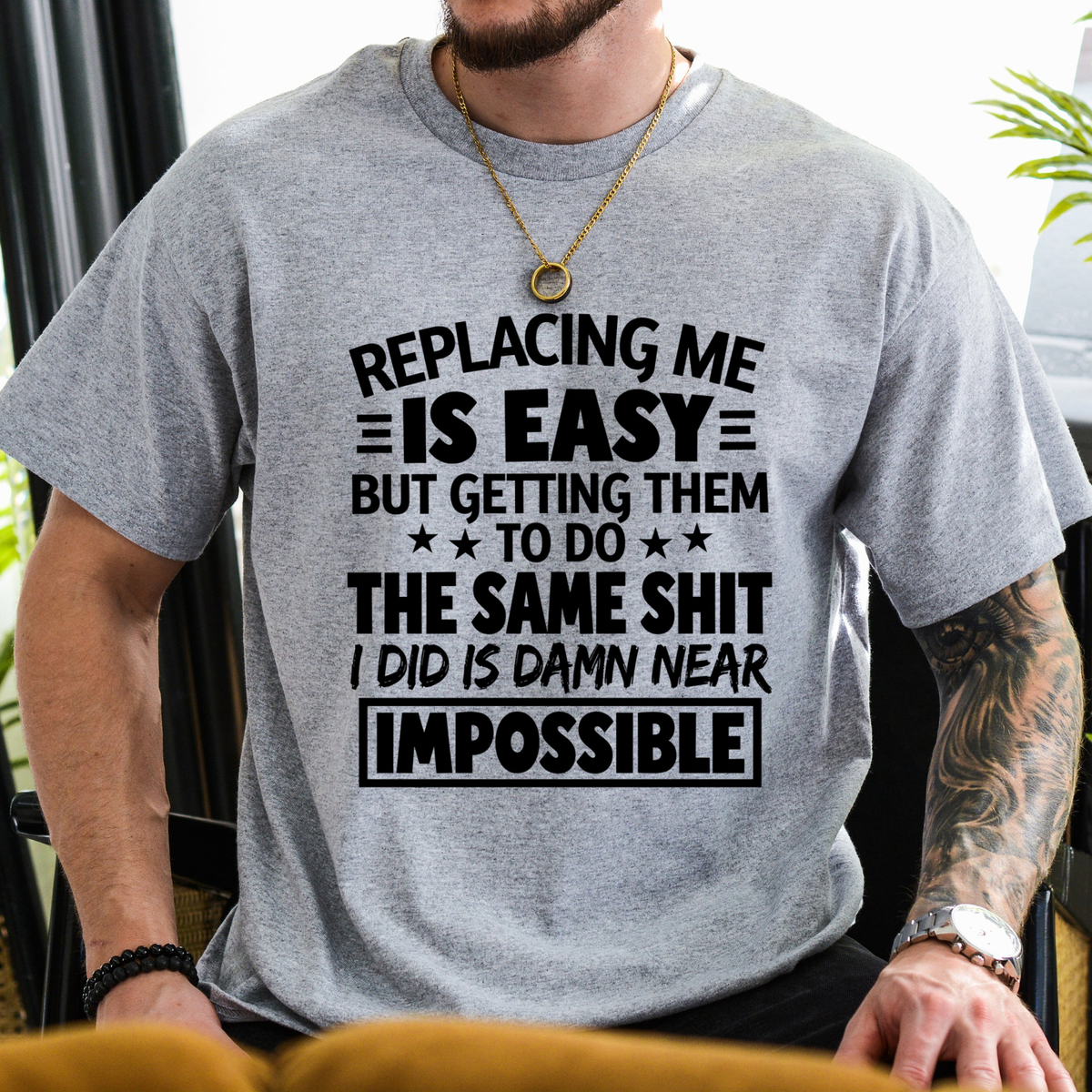 Unmatched Spec Tee – "Replacing Me Is Easy" Sarcastic Confidence Graphic Shirt