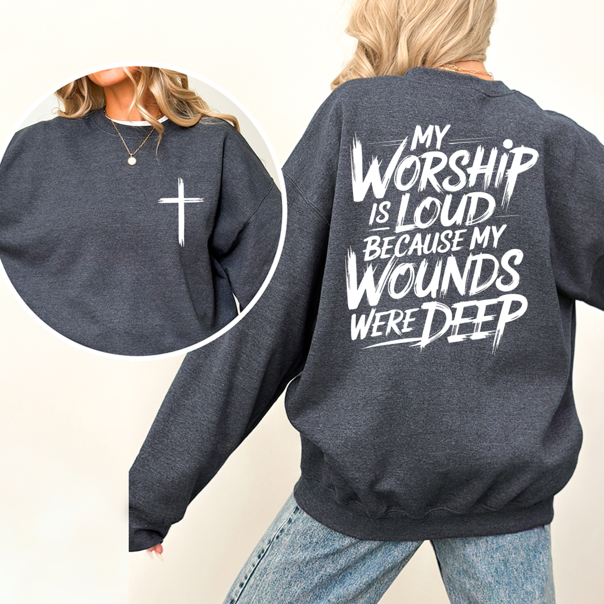 Sacred Waves Restoration Crewneck – Double-Sided Vintage Christian Worship Sweatshirt