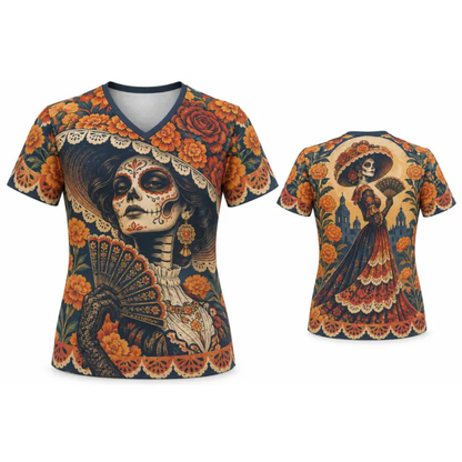 Women's Día de los Muertos La Catrina V-Neck Heritage Graphic Shirt