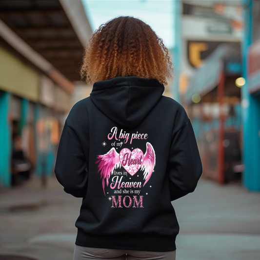 Back view of the parke horizon hoodie displaying 'A Big Piece Of My Heart Lives In Heaven Mom' angel wing back-print graphic artwork on a soft fleece pullover. - dogmomhat