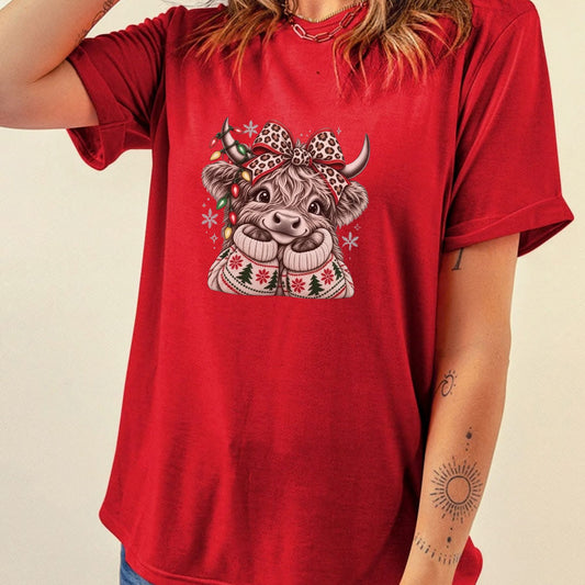 Festive Heifer Holly Joy T-Shirt – Country Christmas Leopard Bow Graphic Tee - Hiyamart