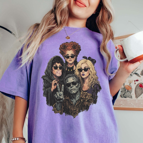 Front view of the Comfort Colors Retro Halloween Witch Sisters Portrait Selfie T-Shirt displaying funny witch trio graphic artwork printed across the chest of a garment-dyed tee. - hiyamart