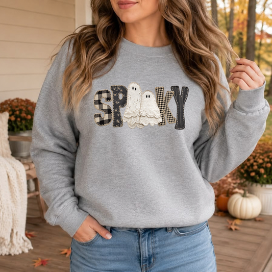 Front view of the Coquette Lace Ghost Sweatshirt displaying lace ghost artwork with pink bows printed across the chest of a casual fleece crewneck. - hiyamart
