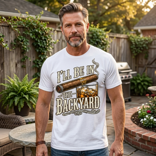 Front view of the I'll Be in the Backyard T-Shirt displaying funny lawn mower graphic artwork printed across the chest of a casual cotton tee. - hiyamart