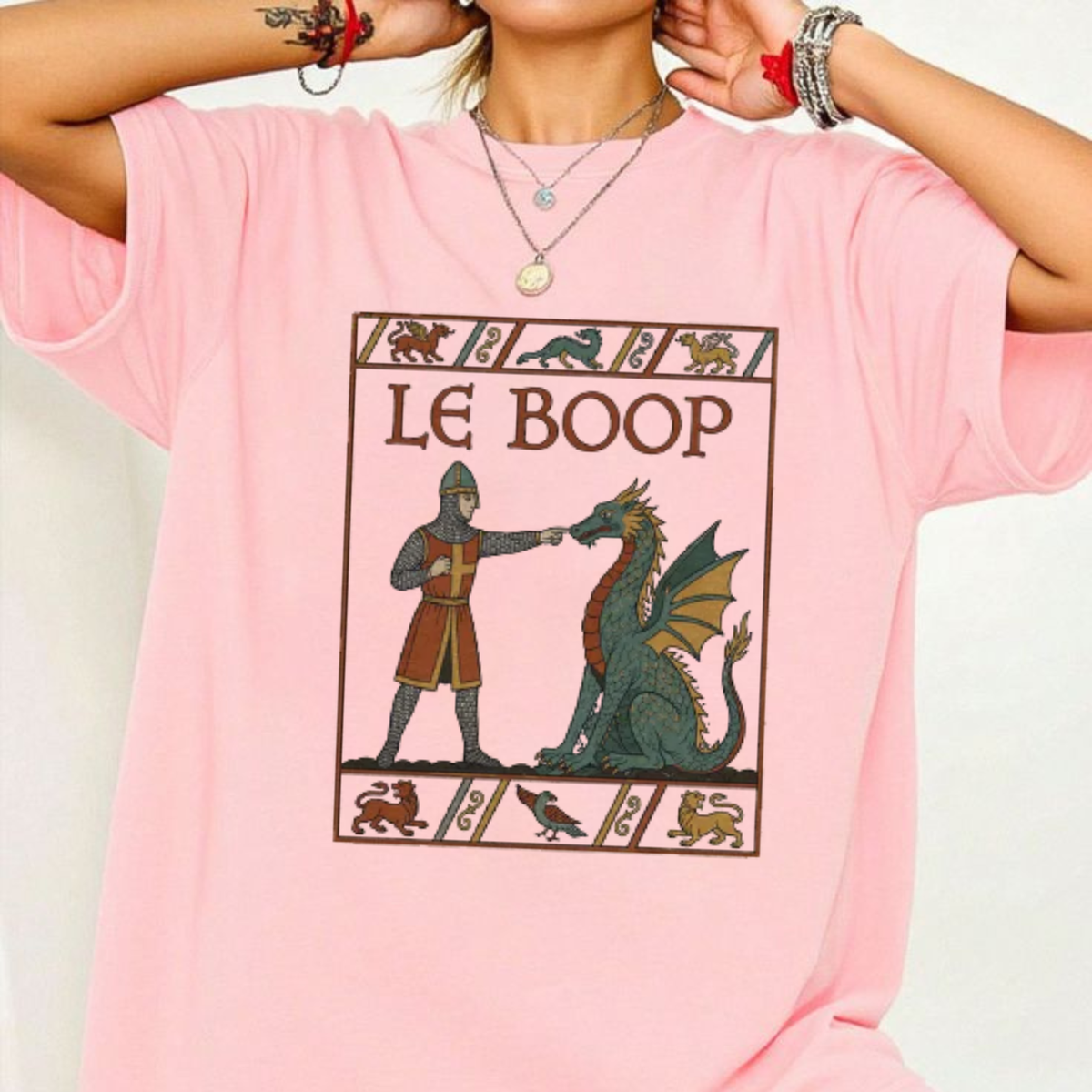 Front view of the Le Boop T-Shirt displaying funny medieval knight dragon boop artwork printed across the chest of a cotton crewneck tee. - hiyamart