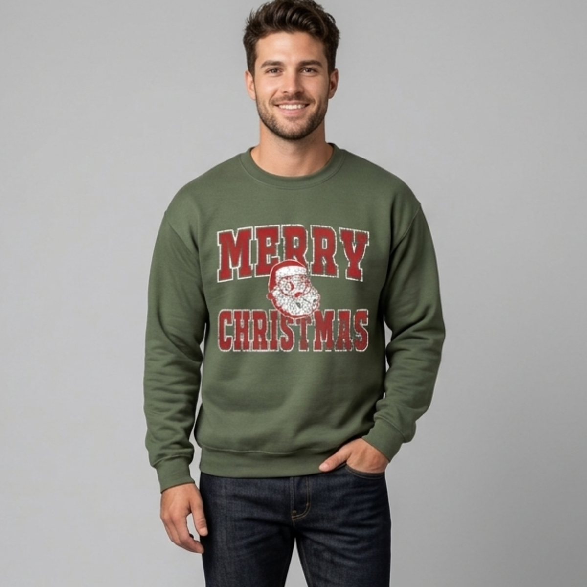 Front view of the Merry Christmas Santa Collage Sweatshirt displaying retro Santa University graphics across the chest of a cozy fleece crewneck sweater. - hiyamart