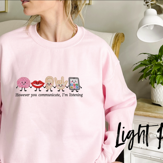 Front view of the Speech Therapist Embroidered Sweatshirt displaying custom SLP stitch work across the chest of a fleece crewneck pullover. - hiyamart