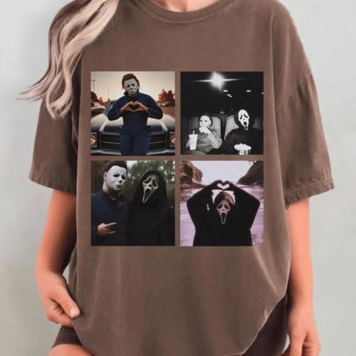 Front view of the Vintage Slasher Horror Collage T-Shirt displaying iconic slasher movie villain artwork printed across the chest of a casual cotton tee. - hiyamart