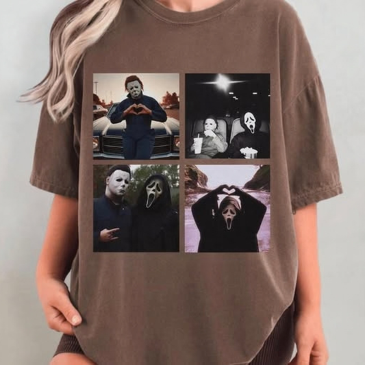 Front view of the Vintage Slasher Horror Collage T-Shirt displaying iconic slasher movie villain artwork printed across the chest of a casual cotton tee. - hiyamart