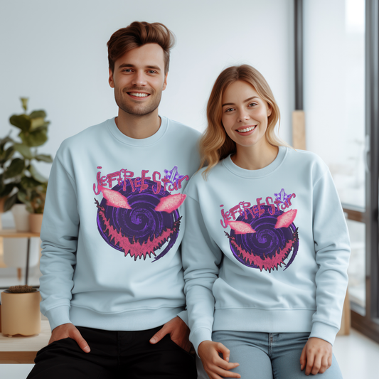 Front view of the abyssal grin crewneck displaying sinister smile dark horror graphic artwork across the chest of a black fleece sweatshirt. - dogmomhat
