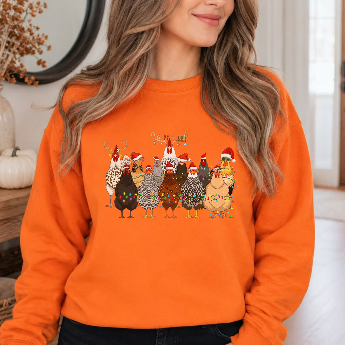 Front view of the cluckmas crewneck displaying funny farm animal hen and rooster holiday graphic artwork across the chest of a soft fleece sweatshirt. - hiyamart