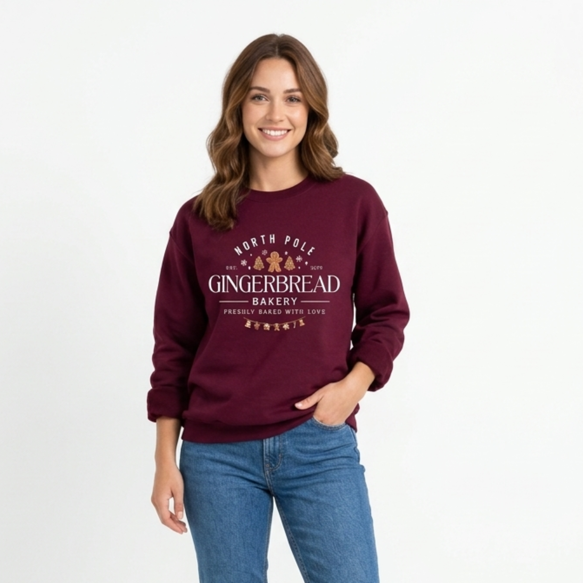 Front view of the festive friction crewneck displaying aesthetic Gingerbread Bakery holiday graphic artwork across the chest of a soft fleece sweatshirt. - dogmmhat
