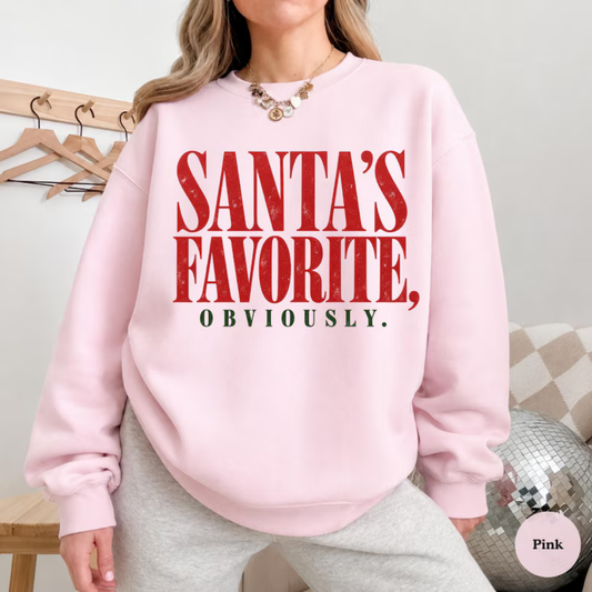Front view of the festive friction crewneck displaying retro Santa's Favorite holiday graphic artwork across the chest of a soft fleece sweatshirt - hiyamart