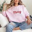 Front view of the festive friction sweatshirt displaying embroidered-style 'Merry Christmas' graphic typography across the chest of a soft fleece crewneck pullover. - hiyamart