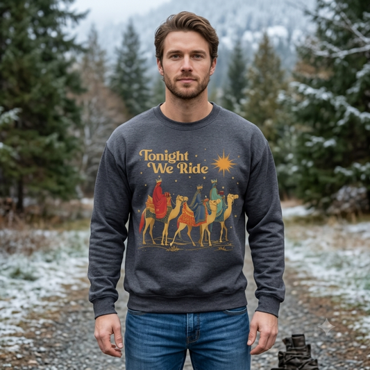 Front view of the festive friction sweatshirt displaying retro 'Tonight We Ride' Wise Men Christian faith Christmas graphic artwork across the chest of a soft fleece crewneck pullover. - dogmomhat