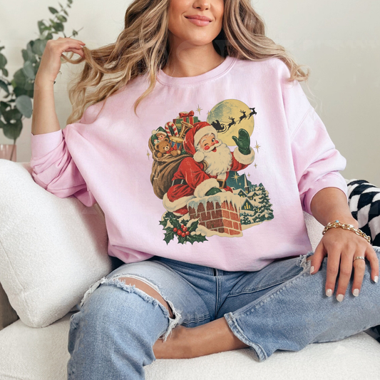 Front view of the festive friction sweatshirt displaying vintage retro Santa chimney graphic artwork across the chest of a soft fleece crewneck pullover. - hiyamart