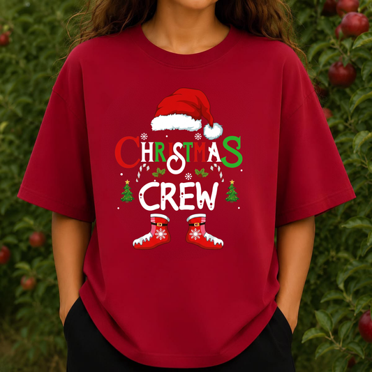 Front view of the festive friction tee displaying 'Christmas Crew' holiday party graphic typography across the chest of a soft crewneck shirt. - hiyamart