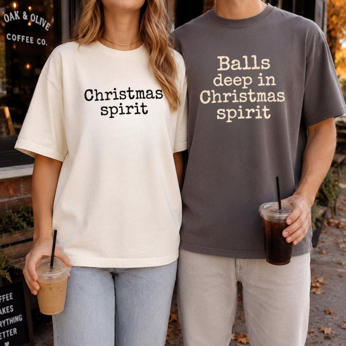 Front view of the festive friction tee displaying funny retro couple Christmas graphic artwork across the chest of a garment-dyed shirt. - dogmomhat
