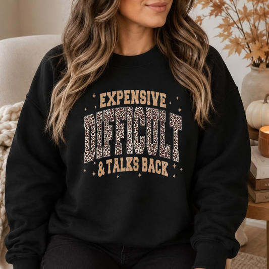 Front view of the fierce feline sarcasm crewneck displaying leopard print funny mom graphic typography across the chest of a cozy fleece sweater. - hiyamart