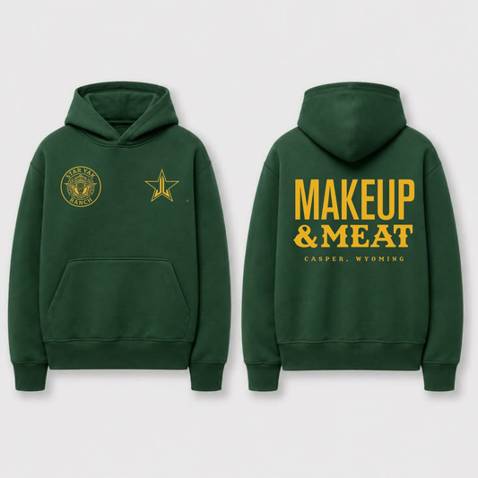 Front view of the glitter & grilling oversized sweatshirt displaying funny makeup and meat graphic artwork across the chest of a cozy fleece hoodie. - hiyamart
