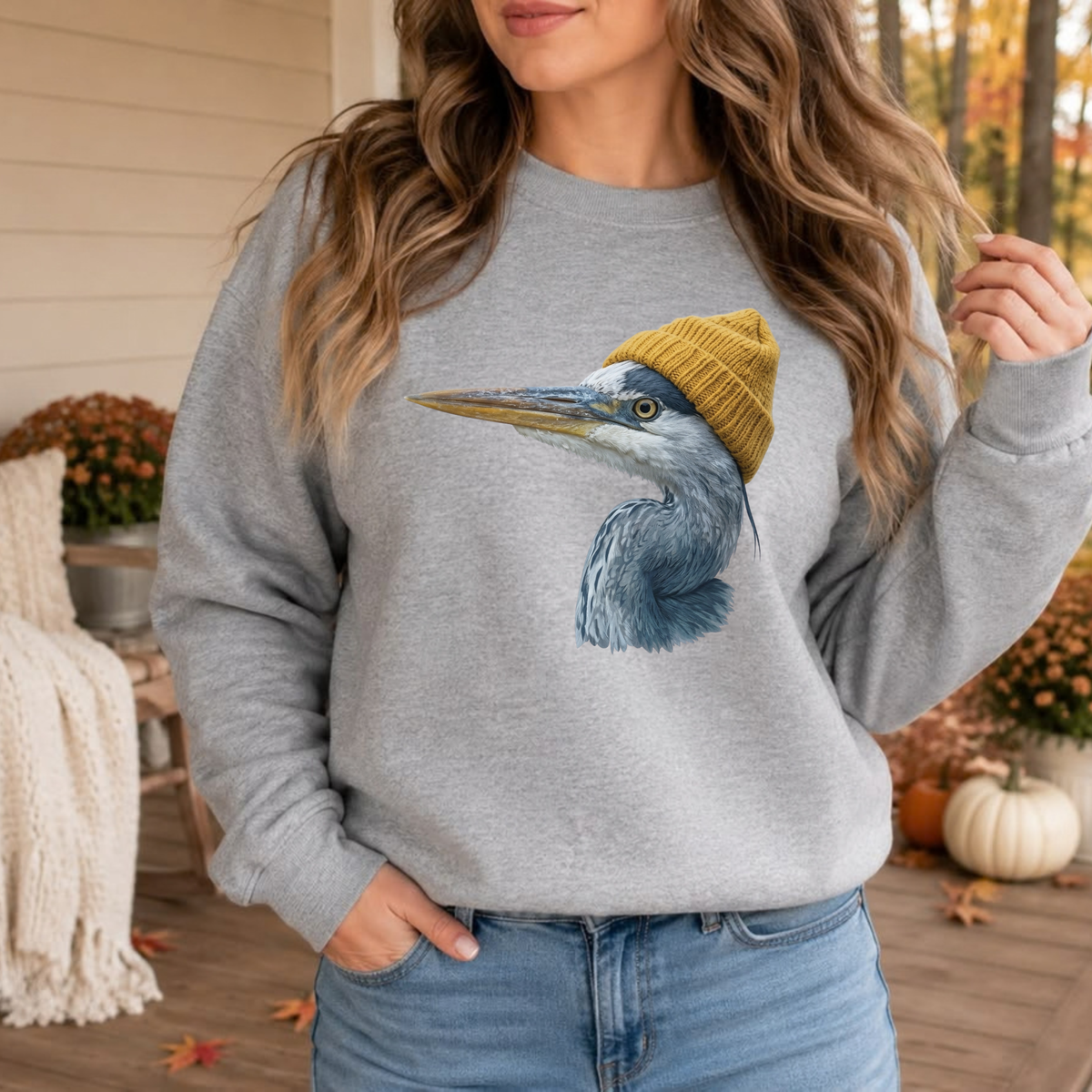 Front view of the parke horizon sweatshirt displaying vintage 90s Great Blue Heron graphic artwork across the chest of a soft fleece crewneck pullover. - dogmomhat