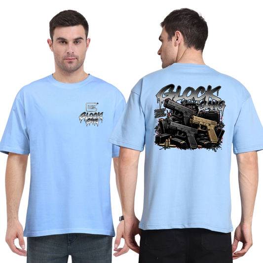 Front view of the parke horizon tee displaying Glock Gang tactical firearms graphic artwork across the chest of a dark crewneck shirt. - hiyamart