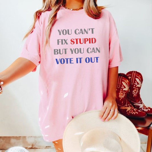 Front view of the parke horizon tee displaying 'You Can't Fix Stupid But You Can Vote It Out' sarcastic political graphic typography across the chest of a soft crewneck shirt. - hiyamart