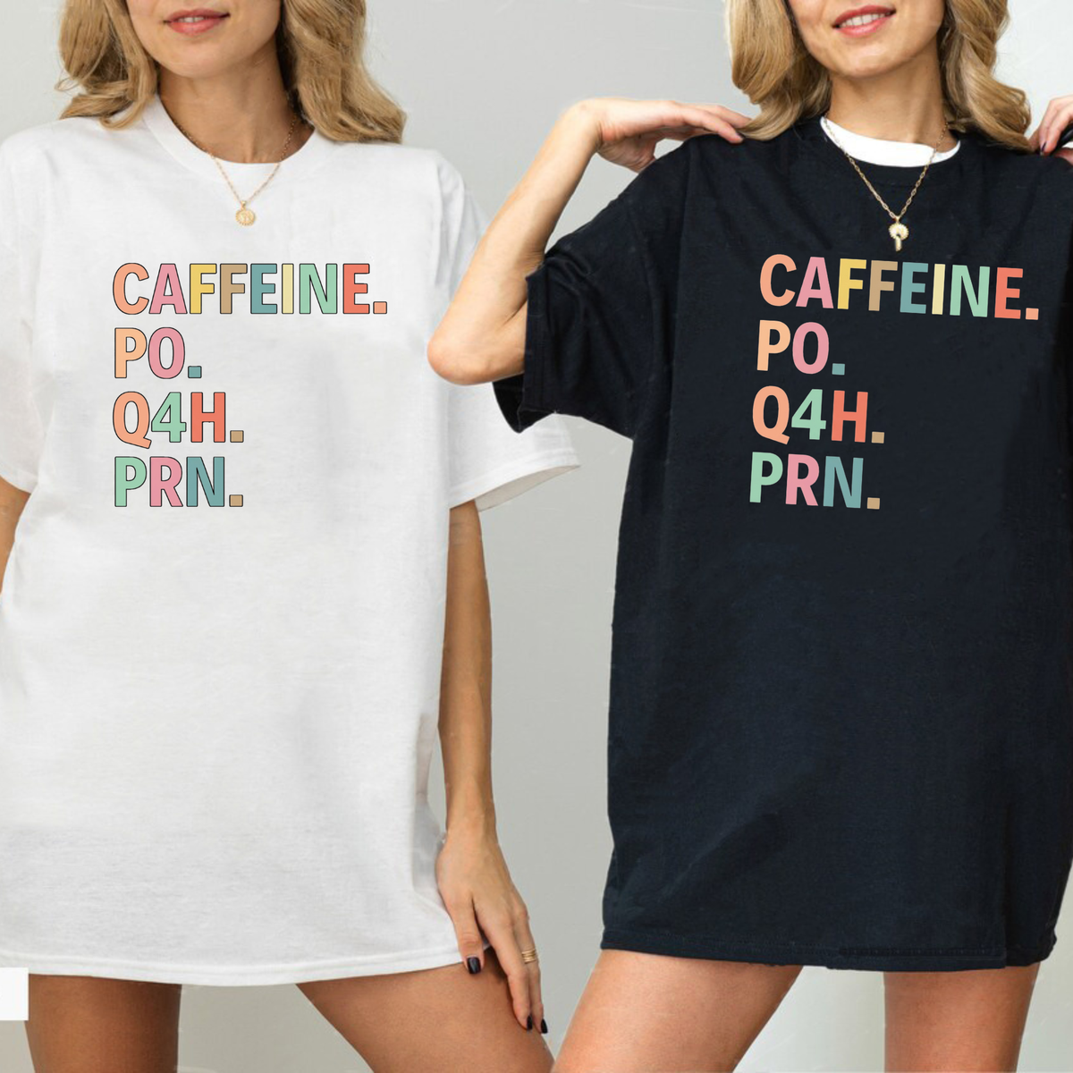 Front view of the parke horizon tee displaying funny 'Caffeine PO Q4H PRN' ICU prescription quote graphic artwork across the chest of a soft crewneck shirt. - hiyamart
