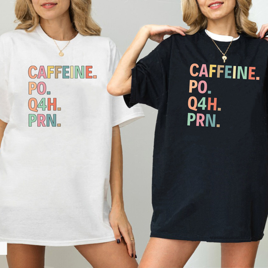 Front view of the parke horizon tee displaying funny 'Caffeine PO Q4H PRN' ICU prescription quote graphic artwork across the chest of a soft crewneck shirt. - hiyamart